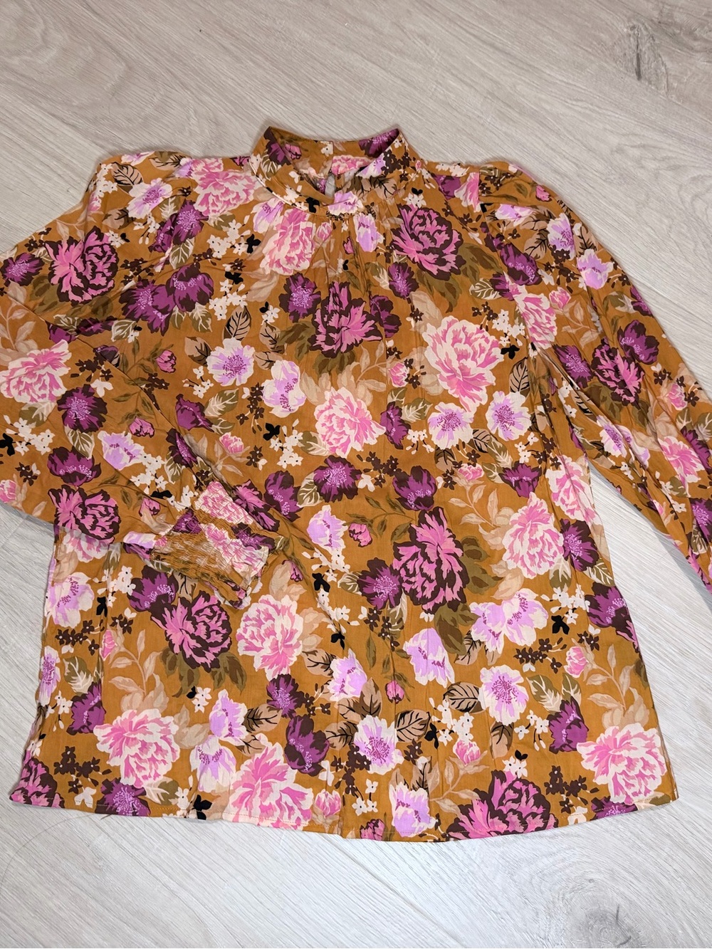 Who What Wear Mustard Floral Mock-Neck Blouse with Pink and Purple Flowers